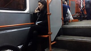 Hot 중년 여성 in black 팬티 스타킹 in late tram